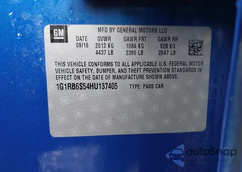 2017 Chevrolet Volt Premier из США, поврежденный, VIN 1G1RB6S54HU137405